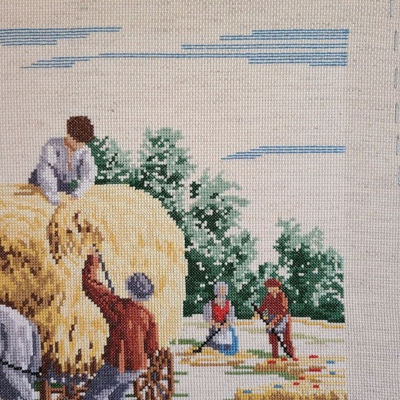 Vintage Cross Stitch Hay Wagon Barn Scene Farm Completed Textile Needlework - Picture 6 of 13